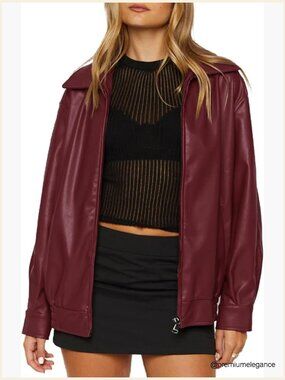 Oversized Faux Leather Bomber Jacket with Pockets
